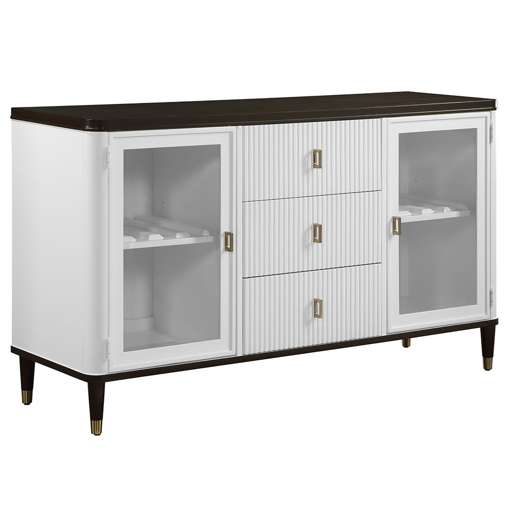 The Carena dining set exudes timeless elegance with its white and brown finish. The rectangular dining table features an extension top, perfect for hosting larger gatherings. Paired with stylish side chairs and a matching server, this set combines form an
