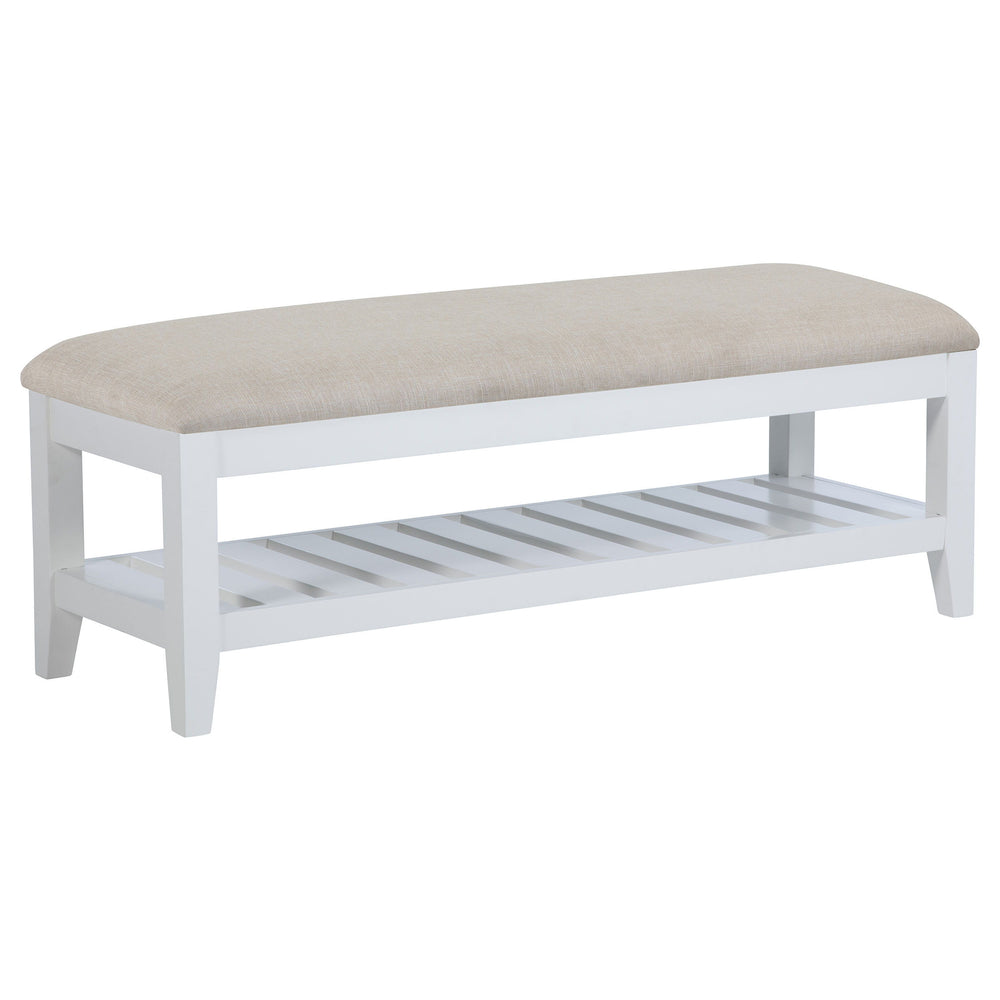 This sleek and versatile bench brings a touch of timeless elegance to any room. Its beige upholstered, foam-padded seat offers exceptional comfort while the sturdy wooden frame, finished in white, ensures long-lasting durability. A slatted shelf beneath t