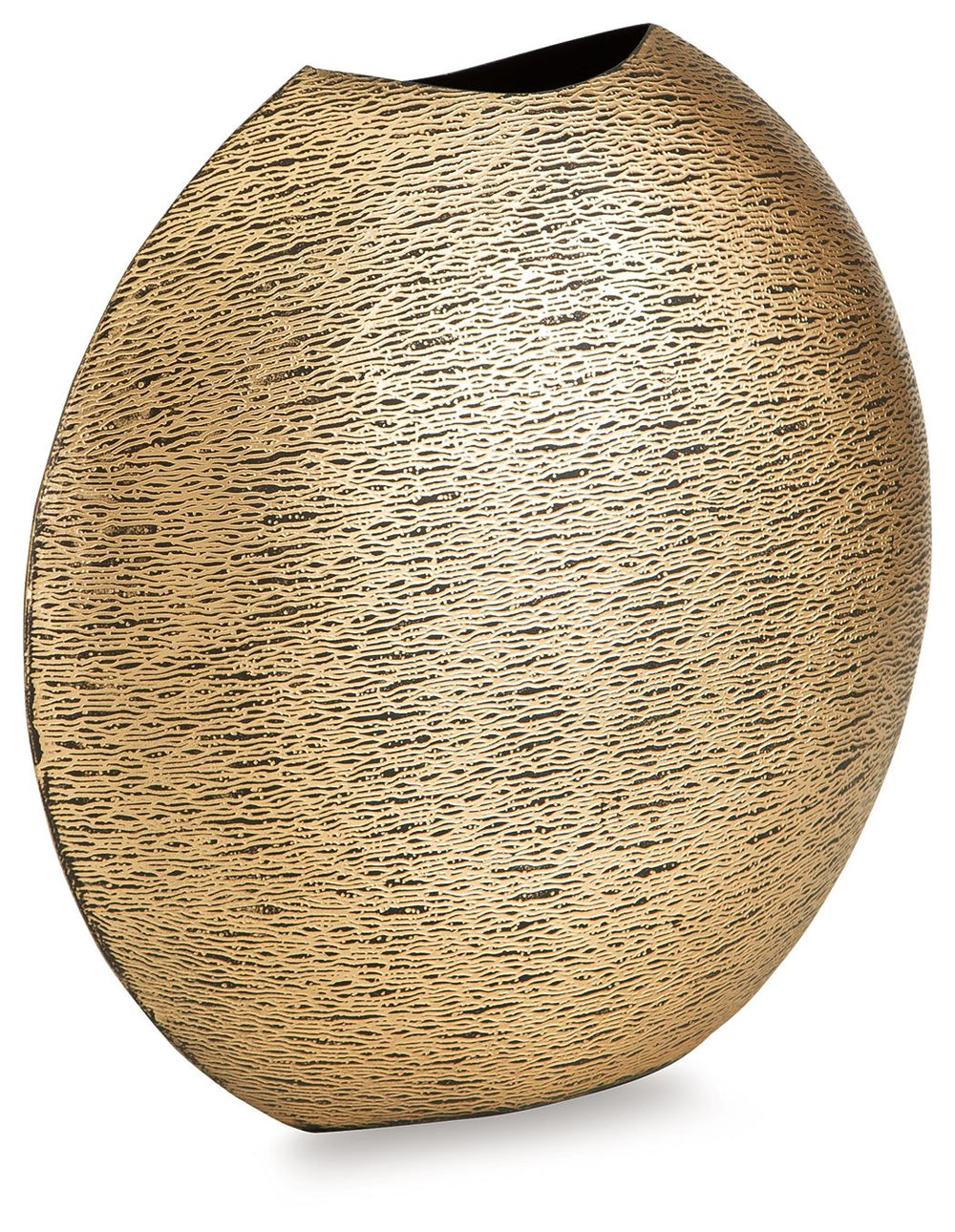 This vase offers a unique take on contemporary stylings. An antiqued goldtone finish has a glam appeal, while the rounded form gives it geometric character. Equally as artistic displayed on its own or with faux greenery, this vase is a statement-making ad