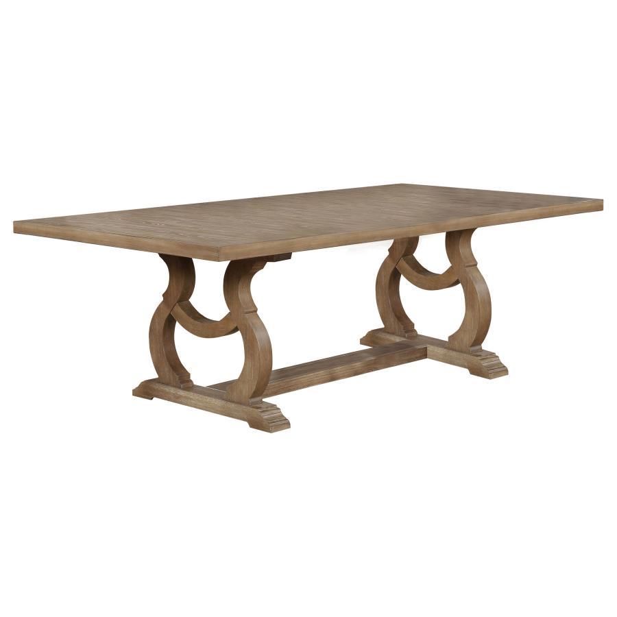 Soft and romantic finishes create an inviting aura for this wood dining table. Beautifully equipped to seat six to eight, this rectangular table is perfect for a growing family. Crafted in solid Asian hardwoods, a barley brown finish sets the perfect tone