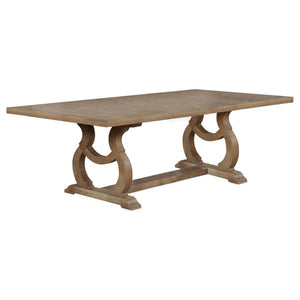 Soft and romantic finishes create an inviting aura for this wood dining table. Beautifully equipped to seat six to eight, this rectangular table is perfect for a growing family. Crafted in solid Asian hardwoods, a barley brown finish sets the perfect tone