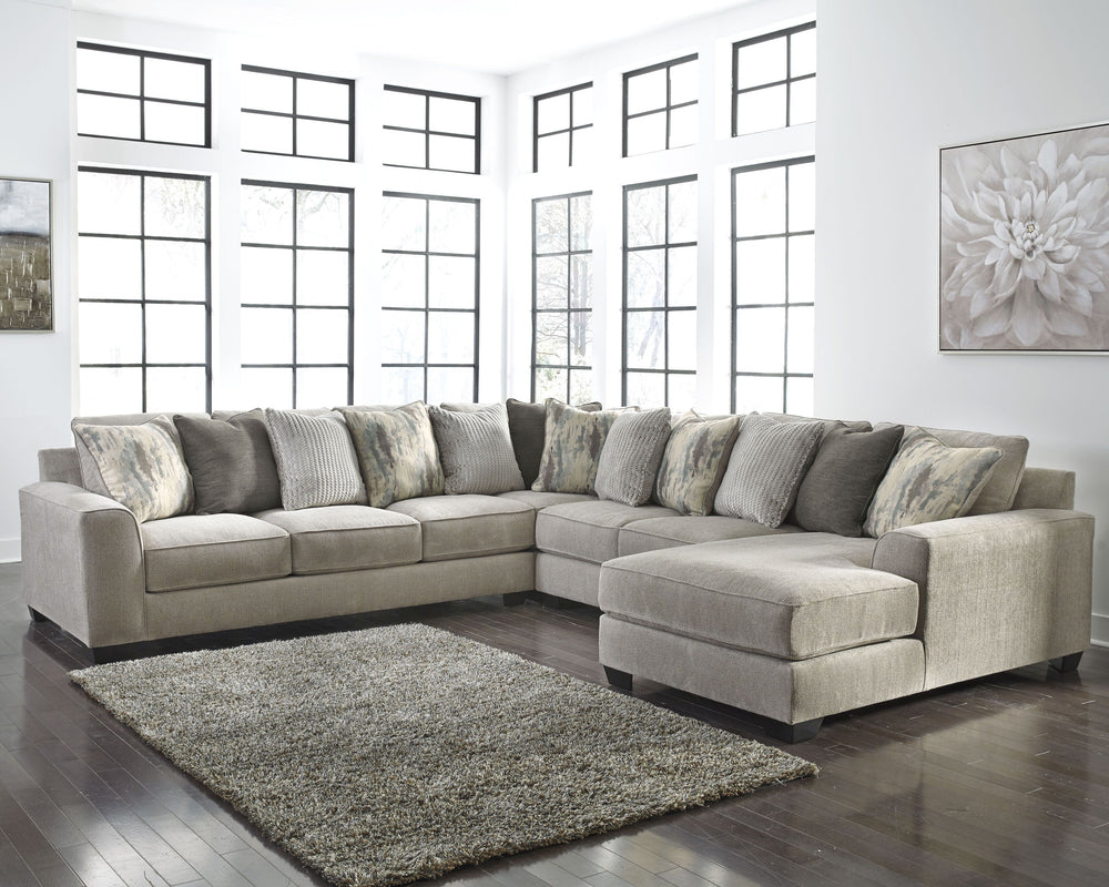 Plush and lovely, this large sectional delights with deep comfort. Itâ€™s casually styled with big, roomy seats and modern textured chenille upholstery. Youâ€™ll find comfort in its soft back and reversible seat cushions. Guests are sure to fight over who