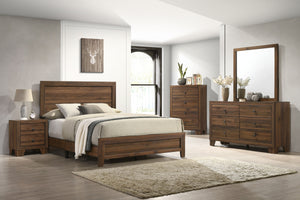 This bedroom set offers a minimalist design with a nod to rustic aesthetics, perfect for creating a serene and uncluttered space. The straightforward lines of the bed frame, combined with the rich wood finish, exude a sense of calm and earthiness. The acc