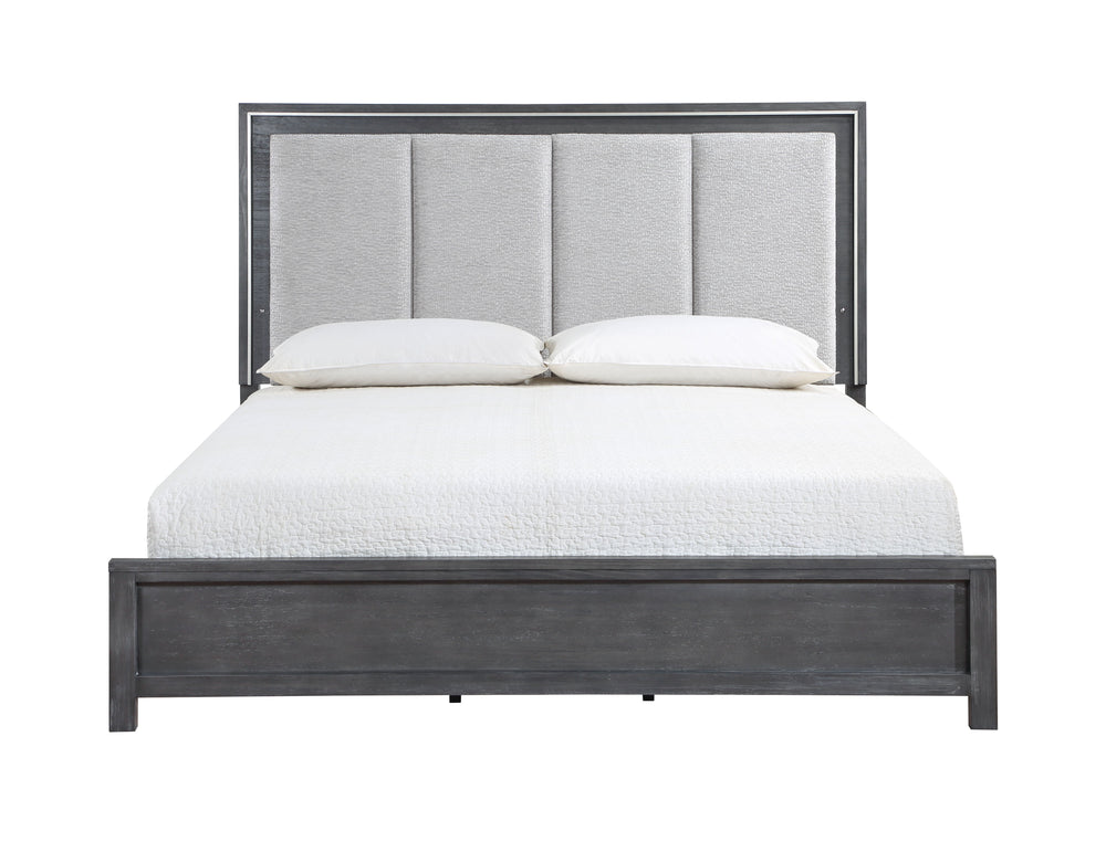 Elevate your bedroom with the timeless elegance of the Odessa Bed. Crafted from Pine solid wood and Mindy veneers, this bed exudes strength and durability, promising long-lasting comfort. The rich charcoal gray finish, meticulously applied through a multi