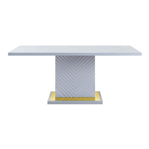  the base offers a touch of gold to enhance the textured vertical lined pedestal. The gray high gloss finish reflects light and makes any dining space appear larger and grander. 