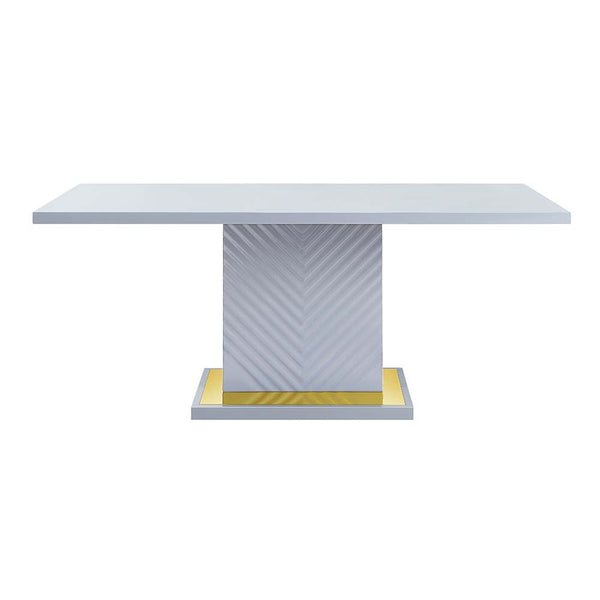  the base offers a touch of gold to enhance the textured vertical lined pedestal. The gray high gloss finish reflects light and makes any dining space appear larger and grander. 