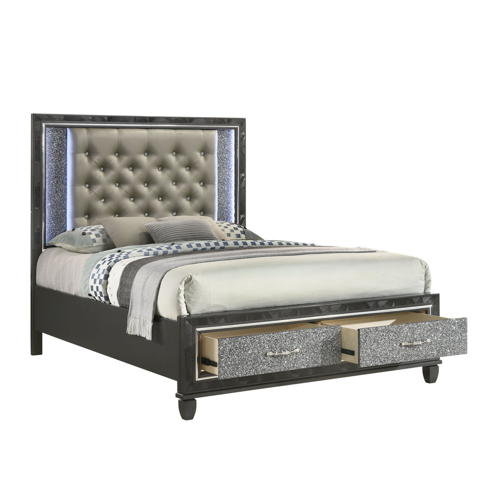 Indulge in the allure of the Radiance Queen Storage Bed in Black, a marvel of quality construction crafted from a blend of solid rubberwood and manufactured woods for unparalleled stability and durability. Its semi-gloss lacquer black pearl finish lends a
