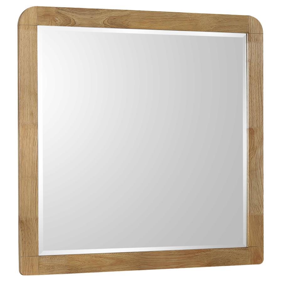Open up your space with this sophisticated dresser mirror, crafted with a durable frame using pine, engineered wood, and walnut veneer. Designed with a rounded silhouette and clean lines, it combines retro-inspired elements with modern functionality. The 