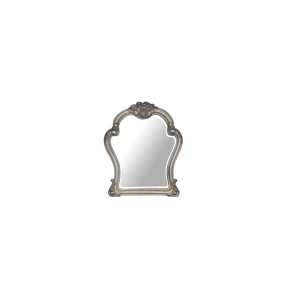 Mirror with Beveled Edge () Shape: Arched w/Raised Scrolled Trim (Poly-Resin Moldings)<br/><br/><b>Product Features</b><ul><li>Case: 1Pc/1Ctn</li><li>Finish: Vintage Bone White</li><li>Style: Traditional</li><li>Materials: Wood, Poly-Resin</li></ul><br/>