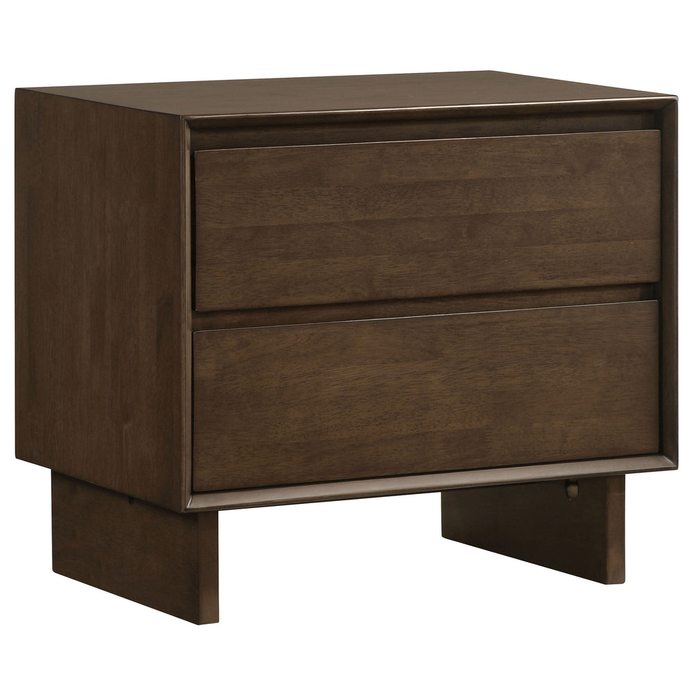 Add easy storage at your bedside with a modern two-drawer nightstand. Delivering streamlined style and a fresh, clean presentation, the nightstand boasts a warm brown wood grain finish. Its drawers are roomy and useful, complete with felt lining in the to
