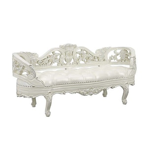  the Adara bed blends in contemporary touches with traditional design details. The PU adds a fresh approach to the intricately embellished bed. The antique white is embellished with light gold 