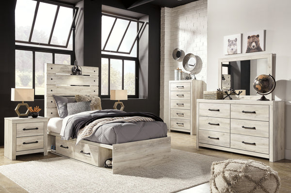 Wispy white finish over replicated Oak grain with authentic touch. Large scaled dark colored handles. Cases feature a framed front and pilasters. All panel headboards (53,57,58,87) feature decorative matte black sconce lights. Side roller glides for smoot