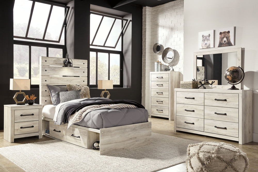 Cambeck - 8 Pc. - Dresser, Mirror, Twin Panel Bed with Side Storage Drawers, 2 Nightstands - Whitewash