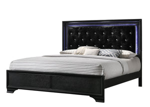  making a bold statement with its textured surfaces and rich black finish. The bed