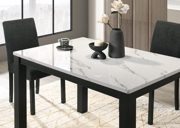  minimalist design that-'s both stylish and practical. The centerpiece is a contemporary table featuring a sophisticated faux-marble top that elevates the aesthetic while providing a durable and easy