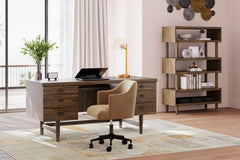 Casual contemporary retro design with a mid-century modern vibe. Made with hardwood solids, Oak veneer and MDF substrate. Finished in a warm seasoned brown Oak wood tone. Desk features a file drawer and 4 standard drawers for ample storage of home office 