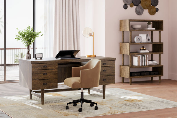 Casual contemporary retro design with a mid-century modern vibe. Made with hardwood solids, Oak veneer and MDF substrate. Finished in a warm seasoned brown Oak wood tone. Desk features a file drawer and 4 standard drawers for ample storage of home office 