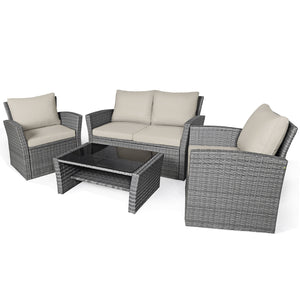 Includes 2 armchairs  1 loveseat and 1 coffee table for versatile use<br>Sturdy power coated steel frame provides strong durability and stability<br>Thick tempered glass tabletop to hold your drinks  meals and more<br>Coffee table with a spacious shelf pr