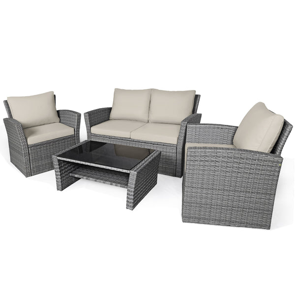 Includes 2 armchairs  1 loveseat and 1 coffee table for versatile use<br>Sturdy power coated steel frame provides strong durability and stability<br>Thick tempered glass tabletop to hold your drinks  meals and more<br>Coffee table with a spacious shelf pr