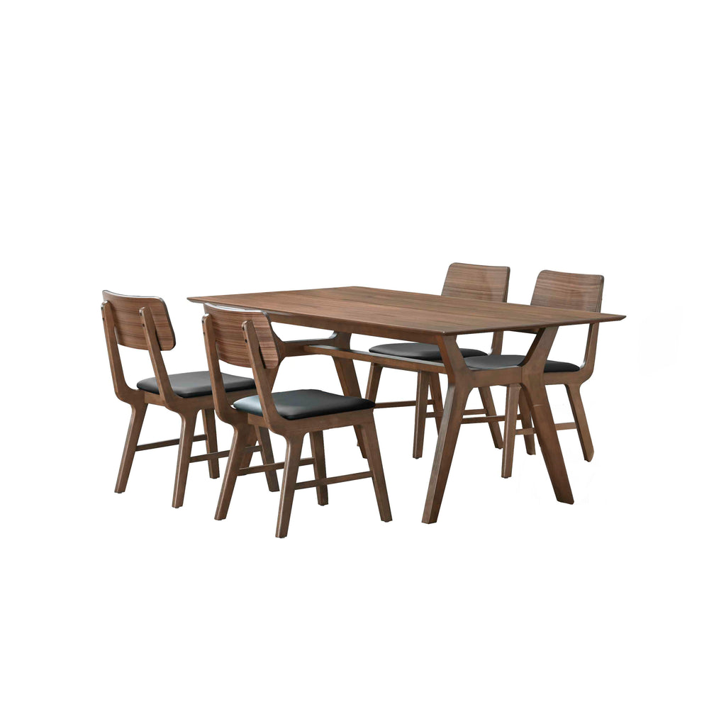 Crafted with meticulous attention to detail, the Thea 5 Piece Wood Dining Set is a cornerstone of both functionality and style for any dining area. This set includes a 70" dining table and four chairs, each made from solid rubberwood with walnut veneers, 