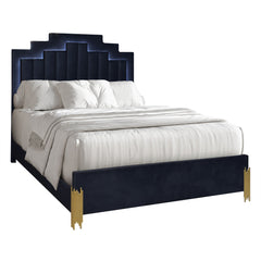 Introducing the Empire Bed, a fusion of modern style and enduring strength. Crafted from eco-friendly materials and adorned with a sleek black finish, this bed exudes contemporary sophistication. Its tiered velvet panels, paired with gleaming gold legs, e