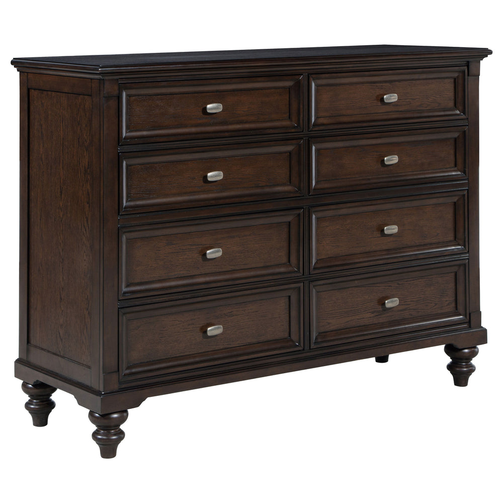 This eight-drawer dresser offers generous storage while maintaining an air of timeless sophistication. The dark oak finish accentuates the rich wood tones, while the gunmetal hardware adds a subtle, modern contrast. Each drawer features smooth metal exten