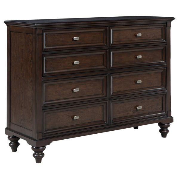 This eight-drawer dresser offers generous storage while maintaining an air of timeless sophistication. The dark oak finish accentuates the rich wood tones, while the gunmetal hardware adds a subtle, modern contrast. Each drawer features smooth metal exten