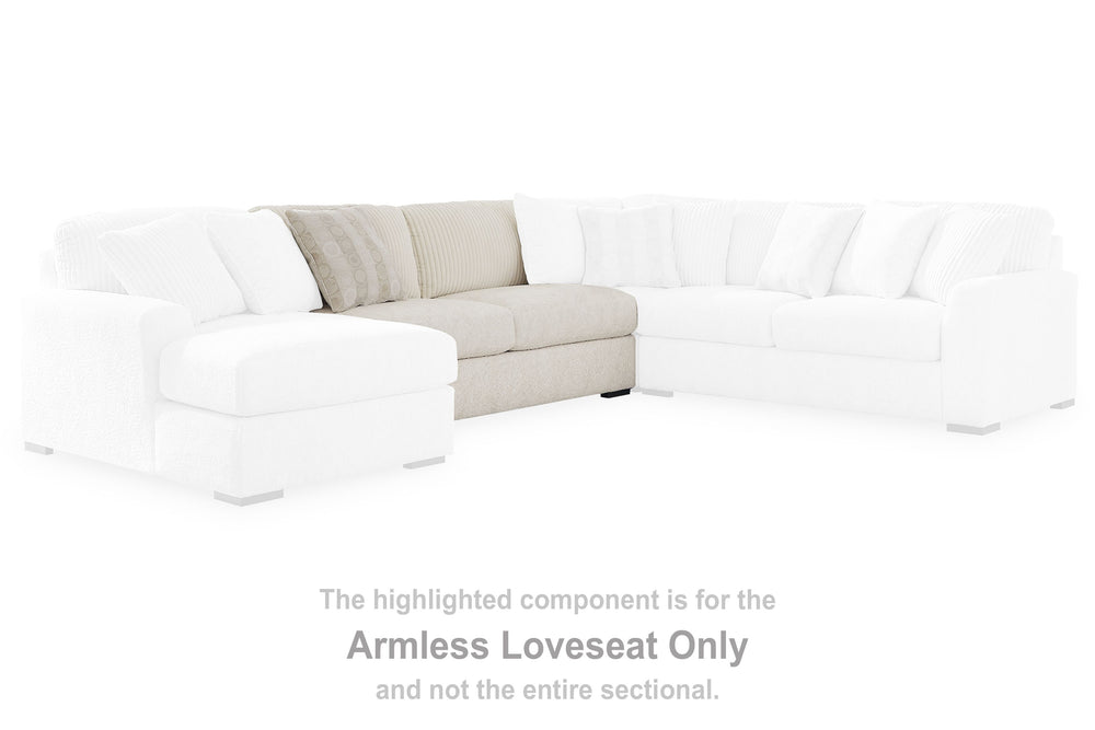 This armless loveseat is made with polyester upholstery. Pairs with other items in the series to make a sectional.<br><br><b>Additional Dimensions</b><br><ul><li>Seat depth: 25-"</li><li>Seat height: 22-"</li><li>Top of cushion to top of back: 19-"</li><l