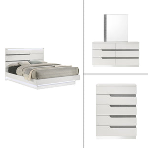 The Paradox 4 Piece Platform Bedroom Set in White is a stunning combination of contemporary style and functional elegance. This set includes a platform bed along with a dresser, mirror, and chest. The gleaming white gloss laminate finish offers a sleek, m