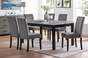  accompanied by six exquisite gray velvet chairs. Crafted from solid Rub