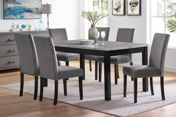  accompanied by six exquisite gray velvet chairs. Crafted from solid Rub