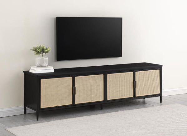  designed to accommodate up to an 80-inch TV. Featuring four door cabinets with elegant radio weave polyethylene (PE) rattan fronts