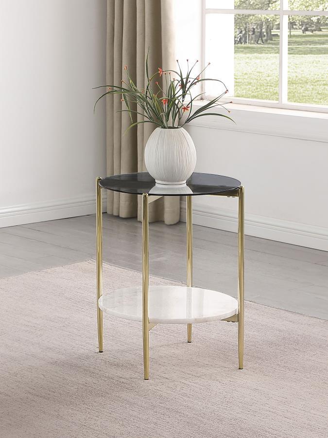Add a glamorous touch to your living room or entryway with this modern round end table, also perfect as a side table. The gold electroplated chrome frame features slim legs and crossing stretchers, offering a sleek and sophisticated look. The smoke gray t