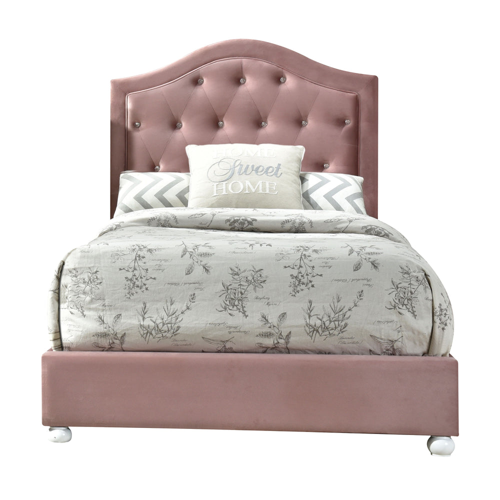 The Reggie youth bedroom set in pink fabric is full of character! Every piece in this glamorous collection features crystal-like button tuft details and cute wooden-bun legs in a crisp white finish. The panel bed features an arched headboard with a gentle