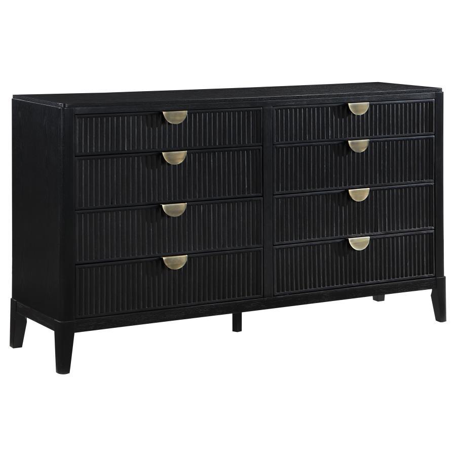 Create a single place to organize clothing and accessories with a stylish, modern eight-drawer dresser. Its timeless stance is augmented with a black finish complete with wire brushing that creates subtle texture and dimensionality. Drawer fronts offer fl
