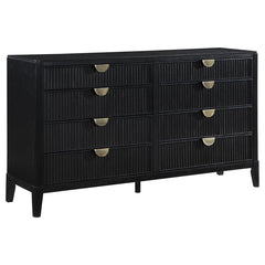 Create a single place to organize clothing and accessories with a stylish, modern eight-drawer dresser. Its timeless stance is augmented with a black finish complete with wire brushing that creates subtle texture and dimensionality. Drawer fronts offer fl