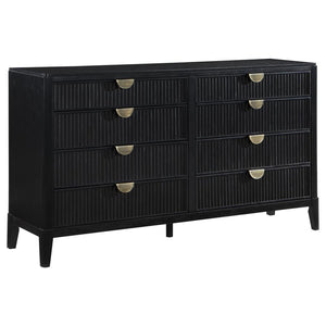 Create a single place to organize clothing and accessories with a stylish, modern eight-drawer dresser. Its timeless stance is augmented with a black finish complete with wire brushing that creates subtle texture and dimensionality. Drawer fronts offer fl
