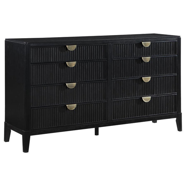 Create a single place to organize clothing and accessories with a stylish, modern eight-drawer dresser. Its timeless stance is augmented with a black finish complete with wire brushing that creates subtle texture and dimensionality. Drawer fronts offer fl