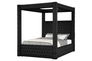 This majestic four-poster bed is a statement piece that exudes luxury and grandeur, perfect for creating a dramatic bedroom setting. It boasts a bold black finish that encapsulates modern opulence, while its sumptuous, tufted headboard and footboard are u