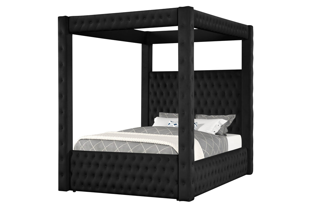 This majestic four-poster bed is a statement piece that exudes luxury and grandeur, perfect for creating a dramatic bedroom setting. It boasts a bold black finish that encapsulates modern opulence, while its sumptuous, tufted headboard and footboard are u