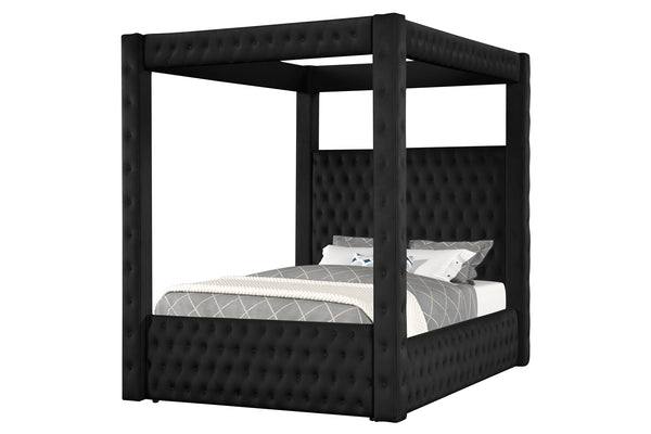 This majestic four-poster bed is a statement piece that exudes luxury and grandeur, perfect for creating a dramatic bedroom setting. It boasts a bold black finish that encapsulates modern opulence, while its sumptuous, tufted headboard and footboard are u