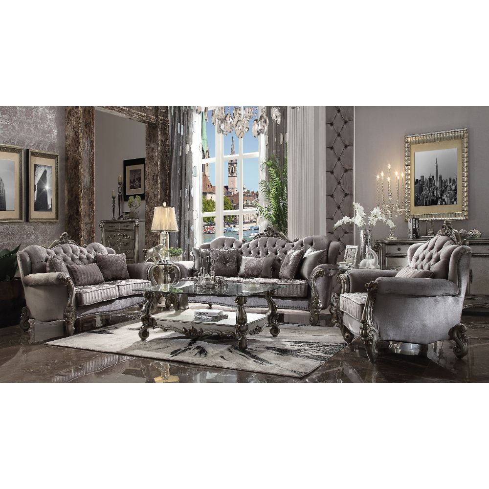 The Versailles collection with antique platinum finish will create you an elegant, warm and traditional taste in your living room. The sofa set reflects highly decorative base with scrolled feet, and the upholstered seats with the deep button tufted and N