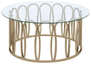 This round coffee table features a clear tempered glass top supported by a durable metal frame. The base is finished in a striking electroplated chocolate chrome, providing a deeper, rich brass tone. With its sleek design, this coffee table is an ideal ad