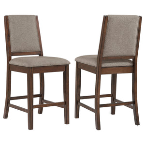 Choose casual farmhouse character for your kitchen or dining room with this set of two counter chairs. The pair features full backrests and built-in footrests, perfect for comfort in an inviting dining space. They show off a mango wood finish over sap wal