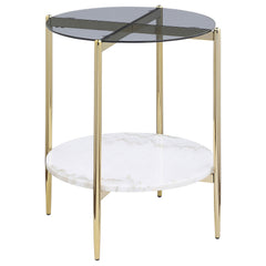 Add a glamorous touch to your living room or entryway with this modern round end table, also perfect as a side table. The gold electroplated chrome frame features slim legs and crossing stretchers, offering a sleek and sophisticated look. The smoke gray t
