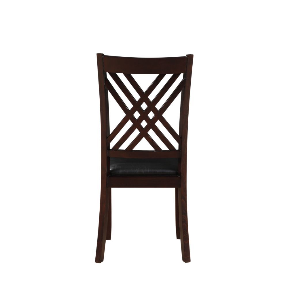 Armless Chair Stationary Seat: Standard Dining Height Padded Seat: Black PU, Square Shape, Thick: 2-" (60mm), Wooden Seat Apron Wooden Open Backrest: Overlapped -"XX-" Shape Wood Tapered Leg<br/><br/><b>Product Features</b><ul><li>Case: 2Pc/1Ctn</li><li>F