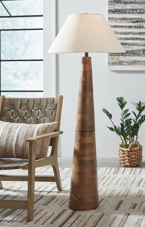  contemporary style can be sleek and shinyâ€”or subtle and earthy. We love how this floor lamp falls into the latter category. Pairing a stylish shade with a wood base bathed in a honey brown finish