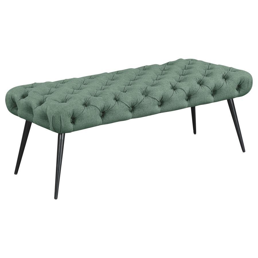 Enhance your living area, bedroom, or entryway with this sophisticated bench, skillfully blending timeless tufting and plush upholstery for a luxurious look and feel. Its meticulous button-tufted top adds depth and dimension, while slender metal legs prov