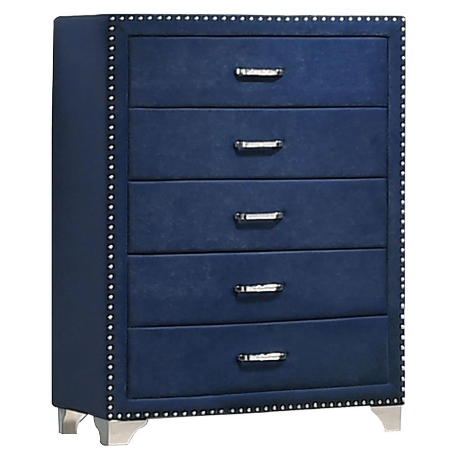 Three cheers for a chest that transforms your sleeping space. A five-drawer chest is readily equipped to store your garments while looking gorgeous. It-'s uniquely upholstered in velvet fabric for an extra luxurious impression. Nail head trim enhances the