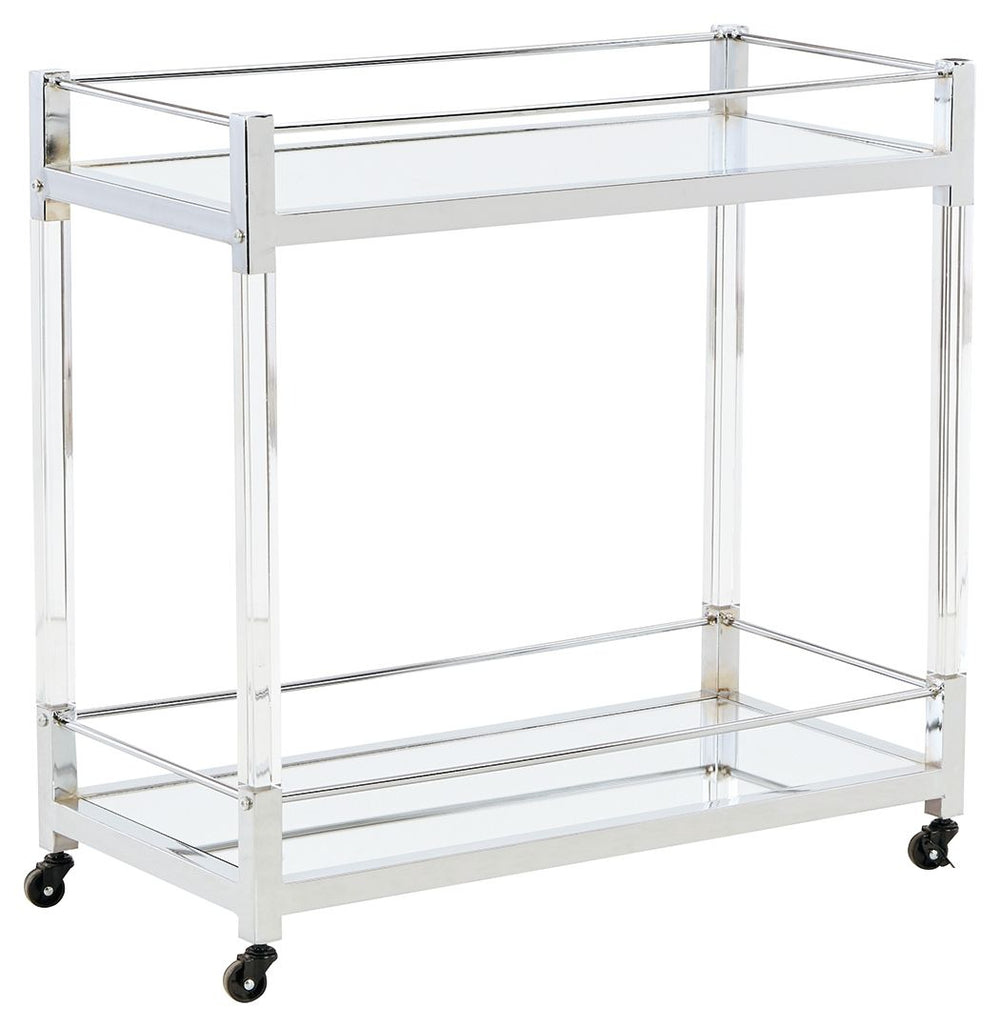 Reflect your love for contemporary style with this bar cart. With two shelves made with mirrored glass, it adds both light and a touch of glam to your space. A clear acrylic and chrome-tone frame is a modern take on understated elegance. And thanks to rol
